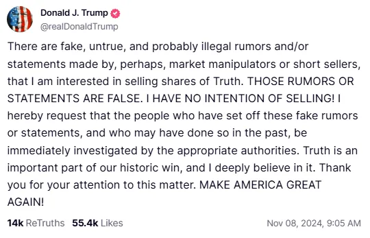 A screenshot of a tweet from Donald J. Trump's verified Twitter account, dated November 8, 2024, at 9:05 AM. The tweet is a…