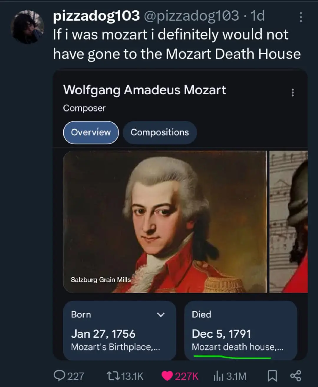 A screenshot of a social media post showing a Wikipedia-style profile for Wolfgang Amadeus Mozart, featuring his portrait…