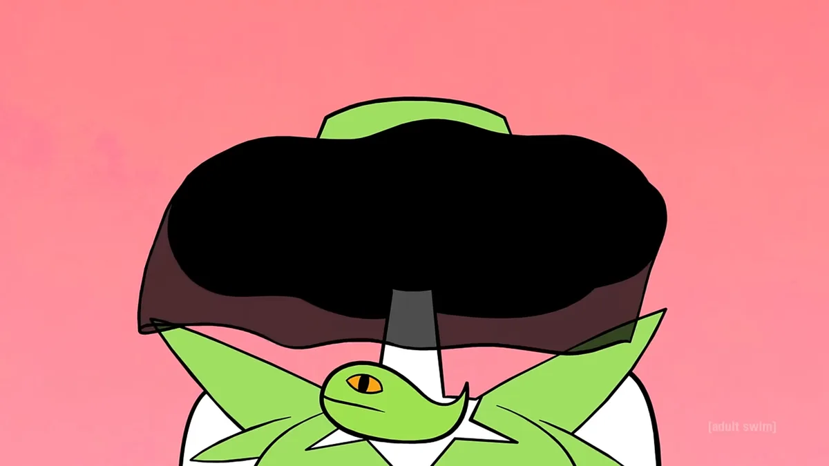 A cartoon character with a green snake-like face and a large black hat is shown against a pink background. The character has…