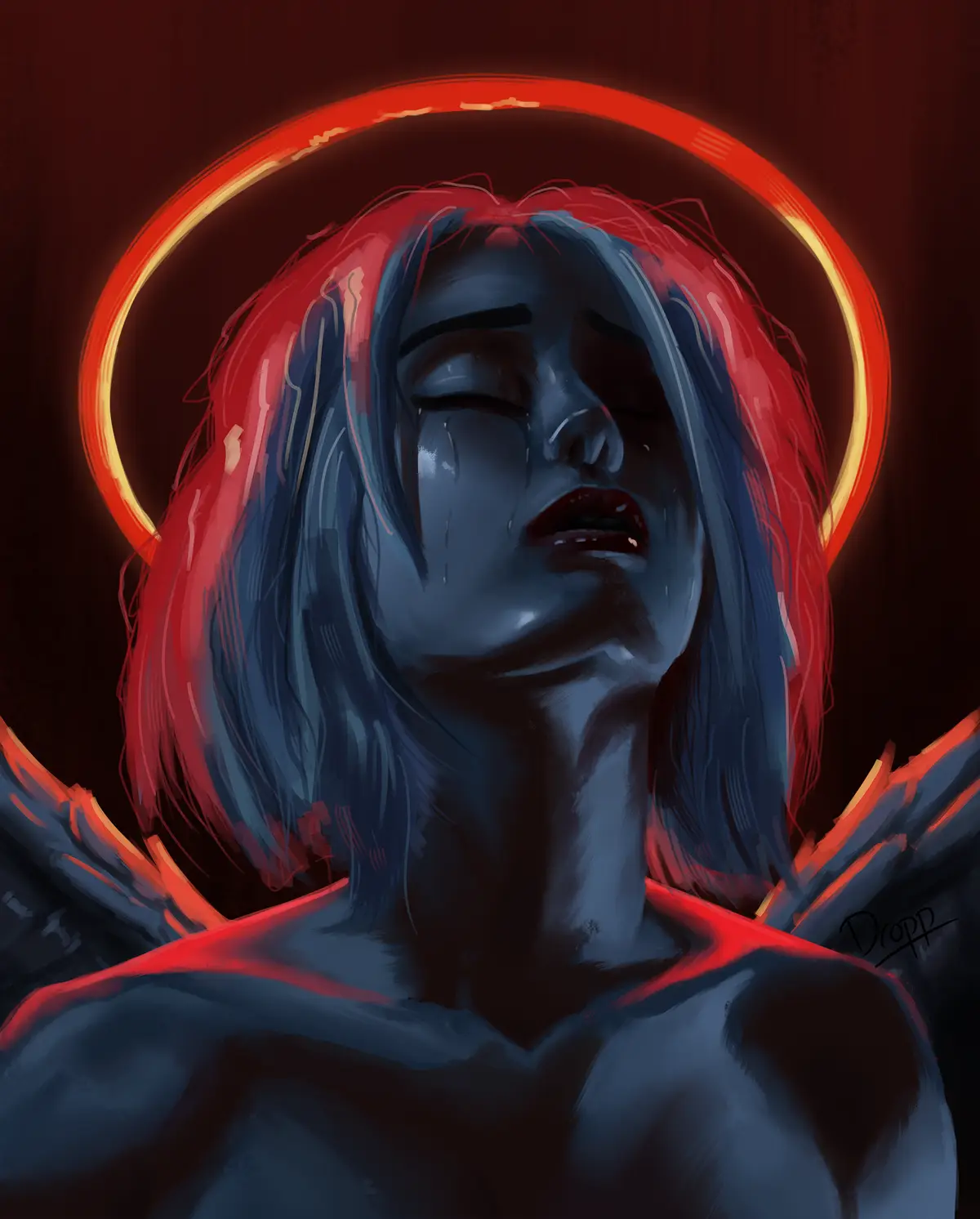 A digital painting depicts a sorrowful, blue-skinned angel with red-tinted hair, tears streaming down her face, and a…