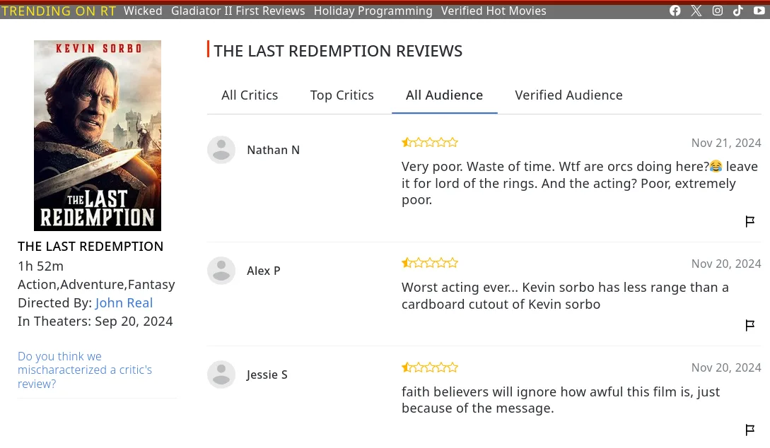 A screenshot of a fictional movie review page for 'The Last Redemption,' featuring a poster of actor Kevin Sorbo. Three…