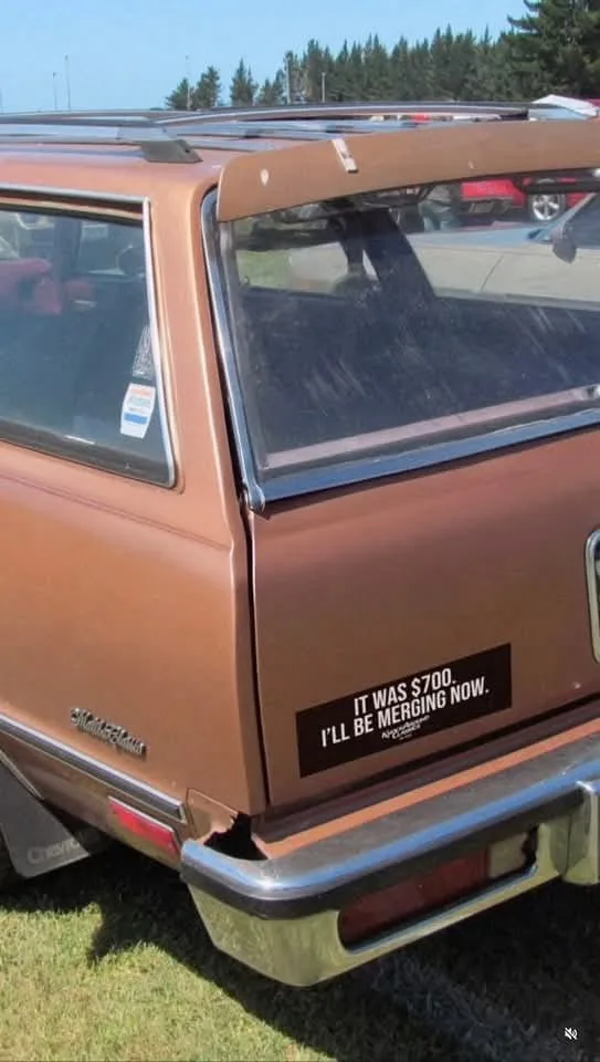 A brown vintage Chevrolet Suburban station wagon is shown from the rear, parked outdoors on grass. A black rectangular…