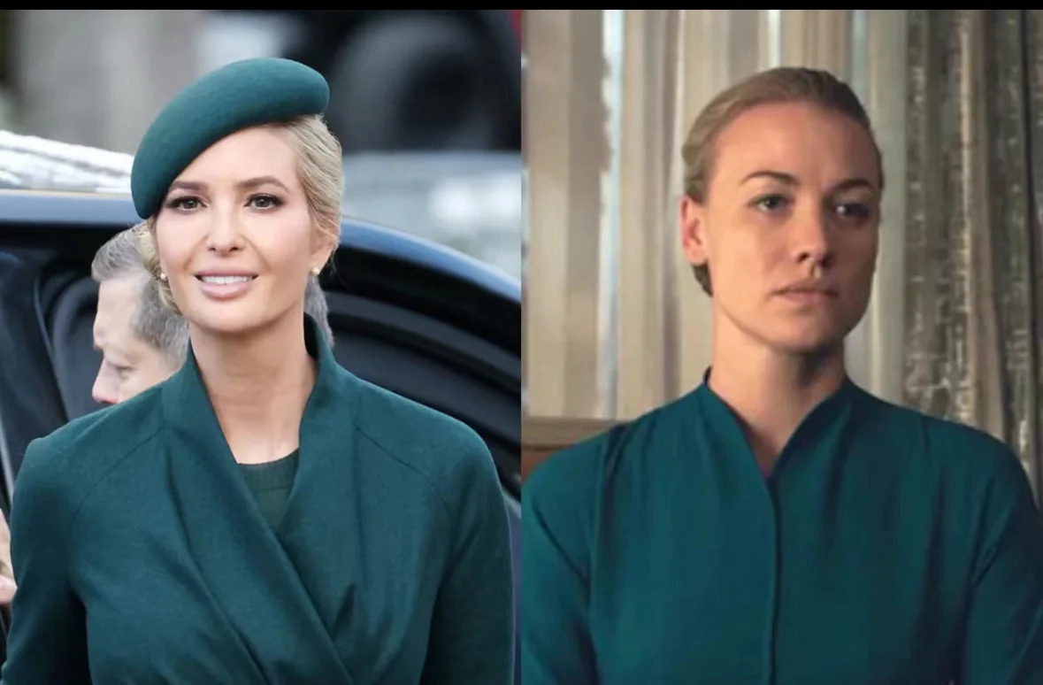 The image is a side-by-side comparison: on the left, a woman with blonde hair wearing a green beret and green coat smiles…