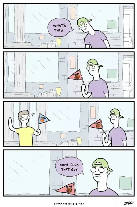A four-panel comic shows a man in a green cap holding a red pennant that says 'TEAM BEAR' and asks 'WHAT'S THIS'. Another…