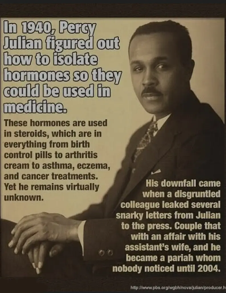 A sepia-toned portrait of Percy Julian, a Black man in a suit and tie, looking directly at the camera. Overlaid text…
