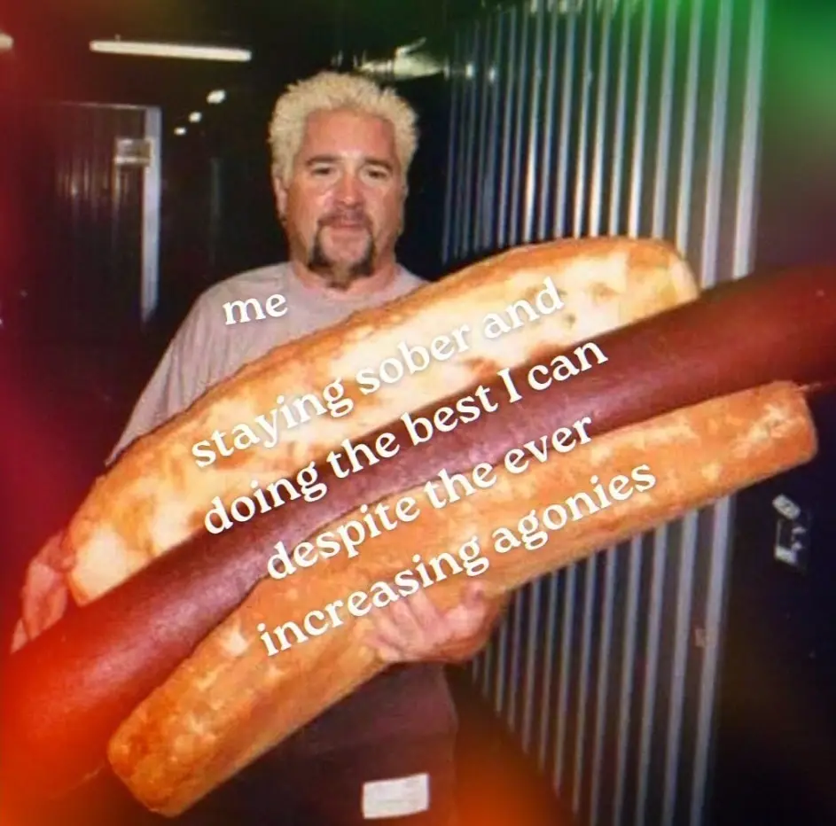 A man with bleached hair and a goatee, labeled 'me', holds a giant hot dog in a long bun. The text overlaid on the hot dog…