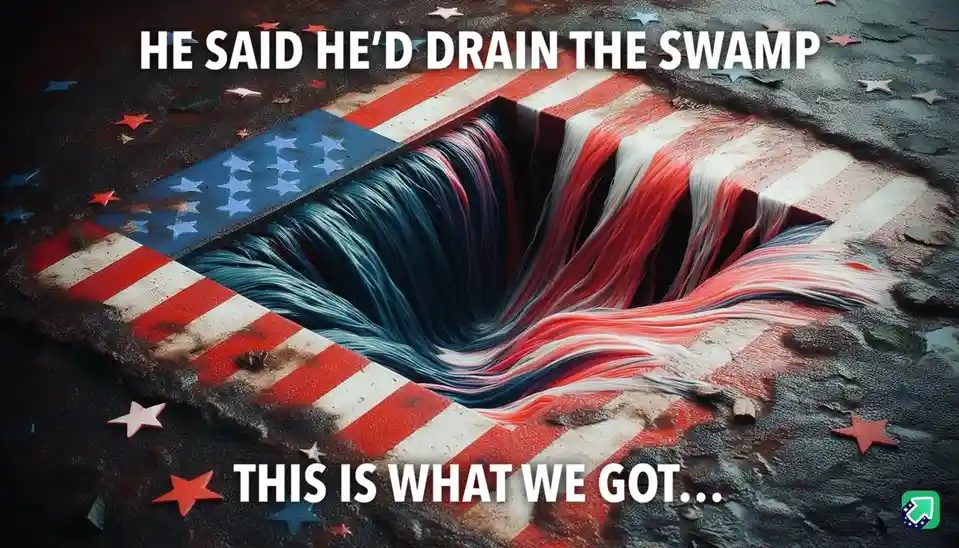 An image shows a stylized American flag design forming a deep, dark chasm or sinkhole in a wet, muddy ground. The flag's red…