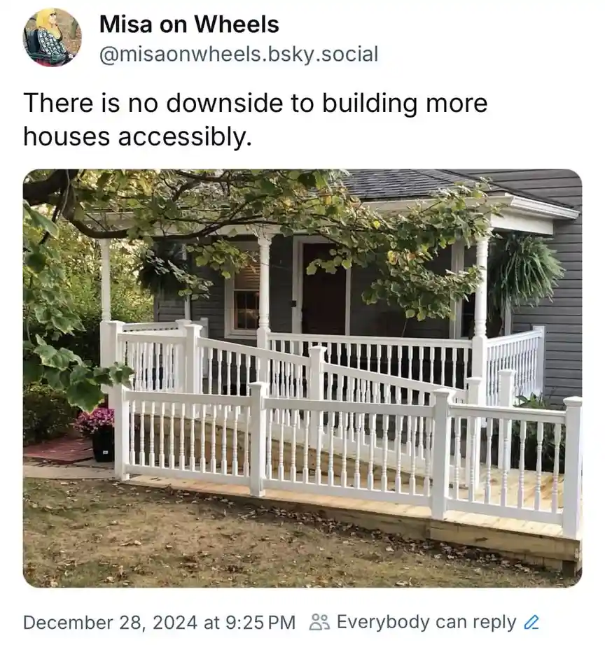 A screenshot of a social media post by 'Misa on Wheels' showing a photo of a small, gray house with a white porch and…