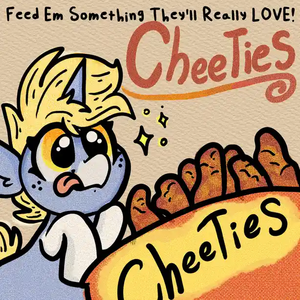 A cartoon angel with blue skin and yellow hair looks excitedly at a large bag of Cheetos, with the text 'Feed Em Something…