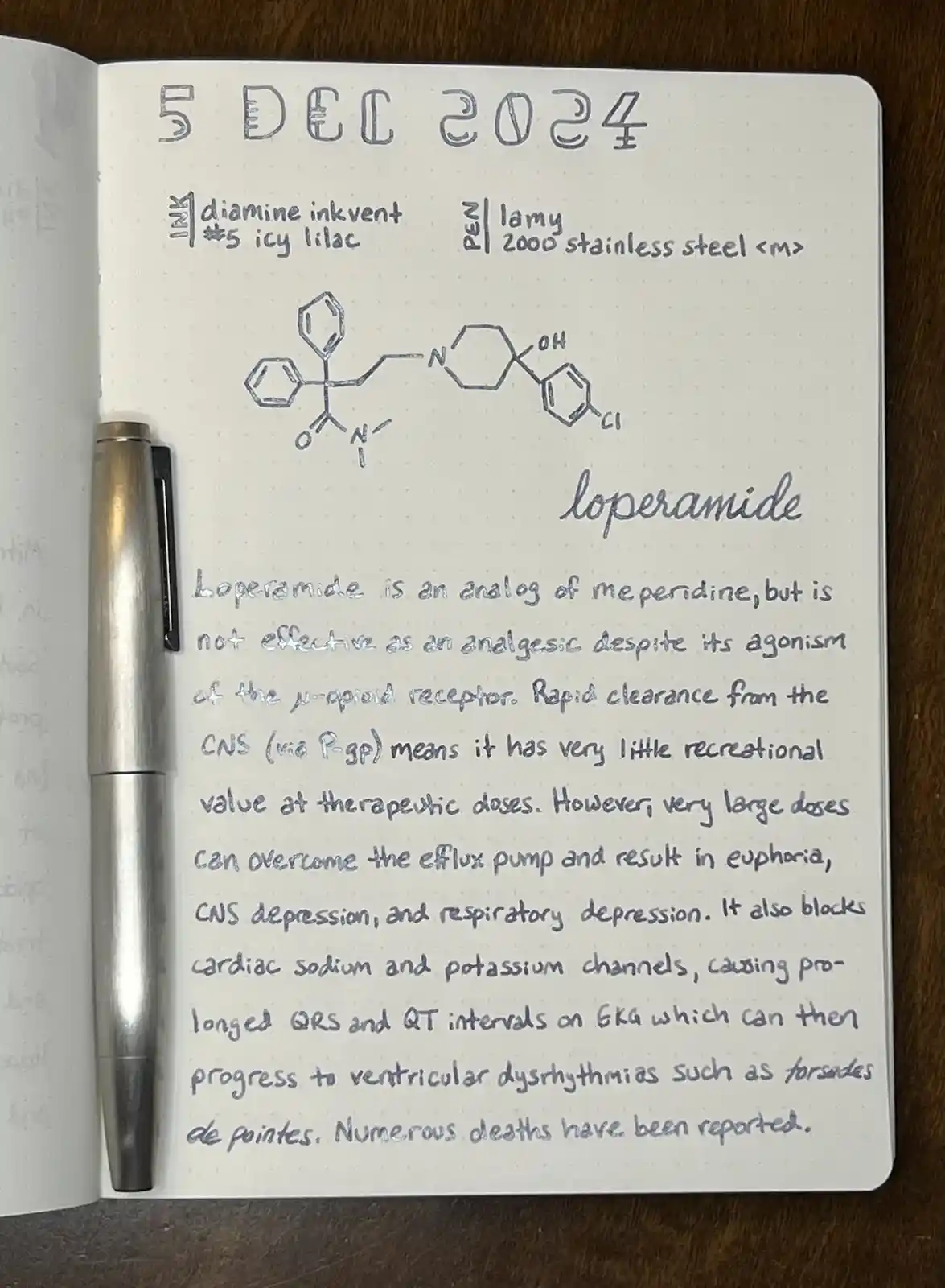A handwritten page in a dotted notebook dated 5 DEC 2024, detailing the chemical structure and medical properties of…