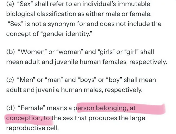 A document defining terms like 'sex' and 'female' with section (d) about 'female' being defined as the person who produces…