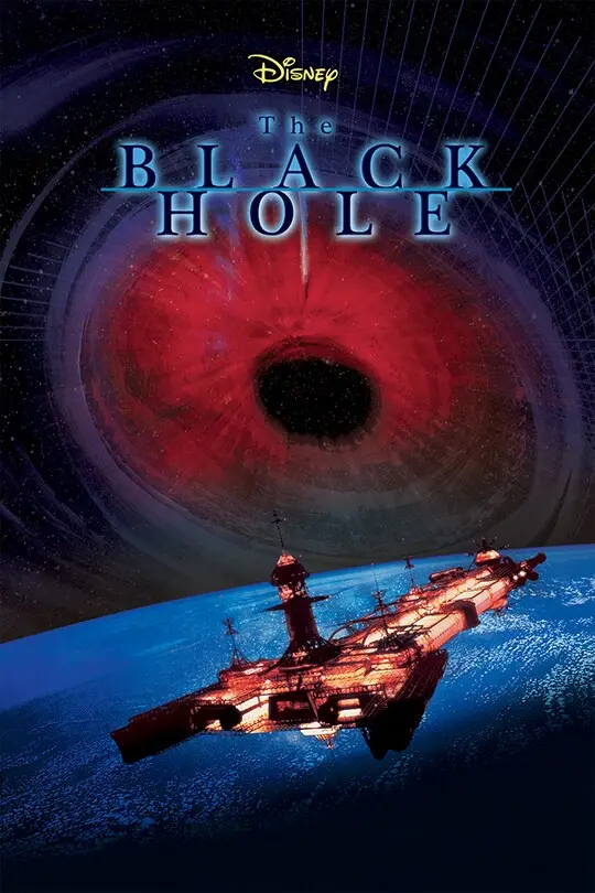 A movie poster parody showing a spaceship flying over a planet with a giant black hole in the background, overlaid with the…