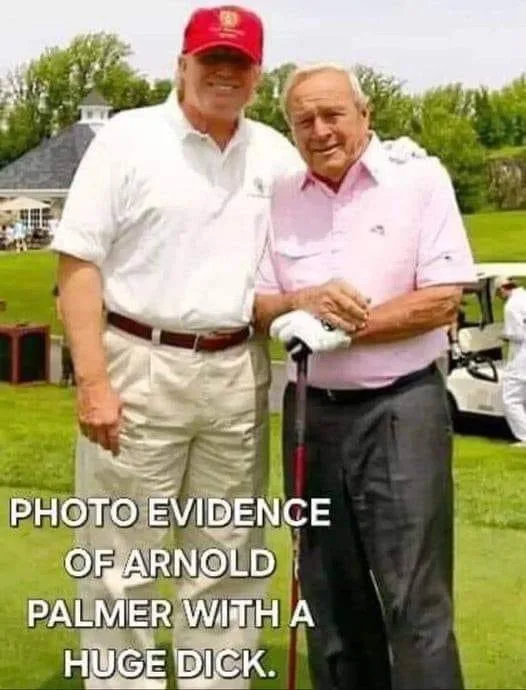 Two men are posing together on a golf course, one wearing a red cap and white shirt, the other in a pink shirt holding a…