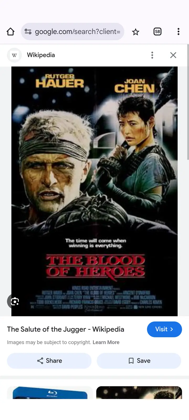 The image displays a movie poster for 'The Blood of Heroes' featuring actors Rutger Hauer and Joan Chen. The poster includes…