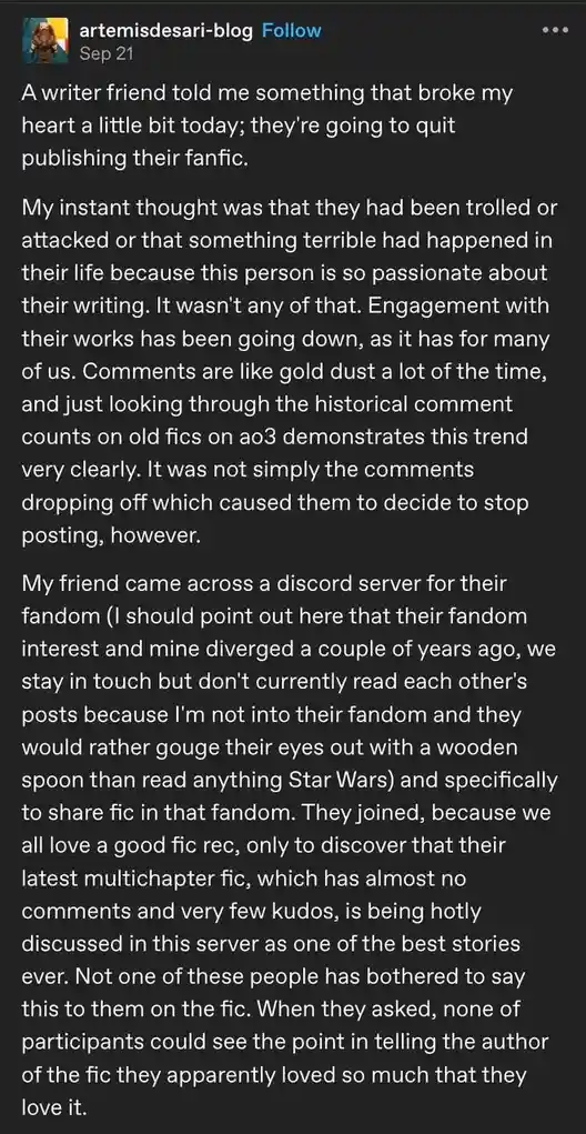A screenshot of a blog post by 'artemisdesari-blog' dated Sep 21, featuring white text on a dark background. The post…
