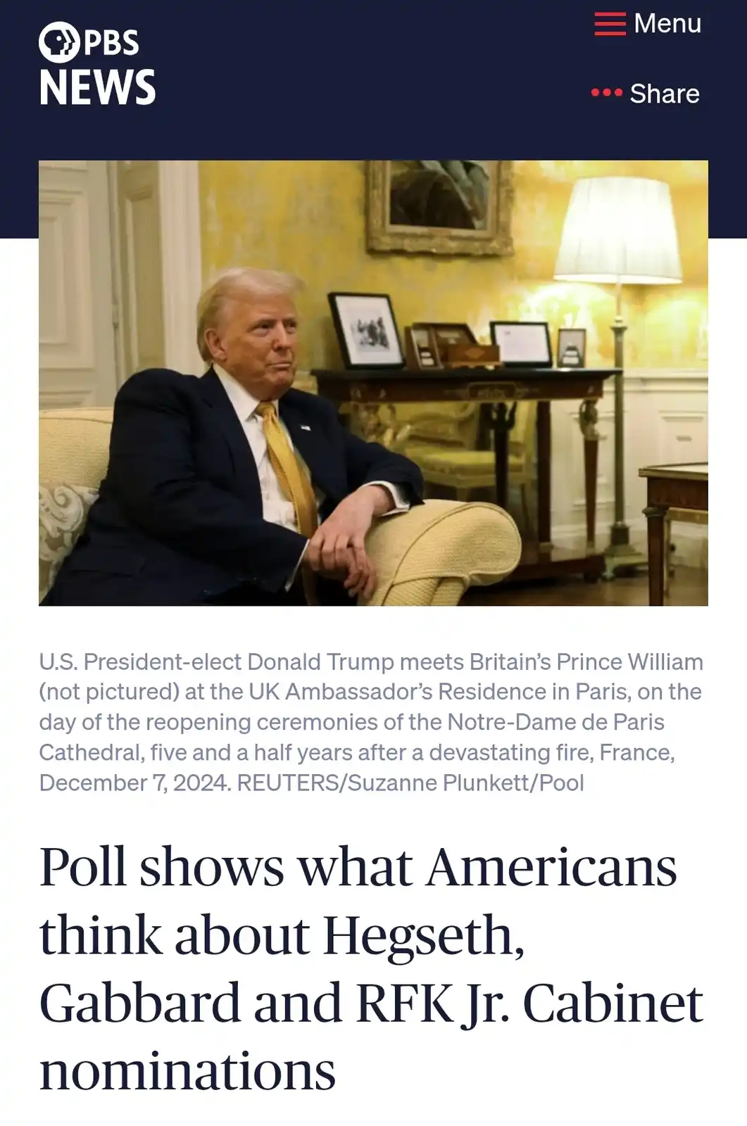 A screenshot of a PBS News article featuring a photo of Donald Trump sitting in a chair in an ornate room. The article's…