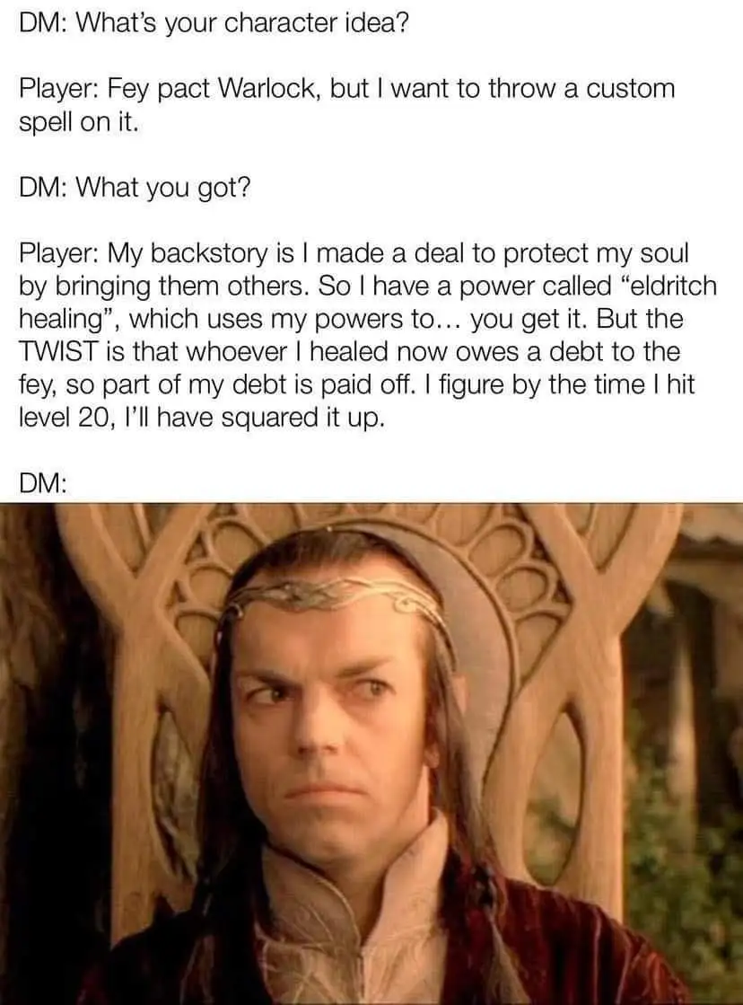 The image shows a screenshot of a Dungeons & Dragons character creation conversation where a player describes a Fey Pact…
