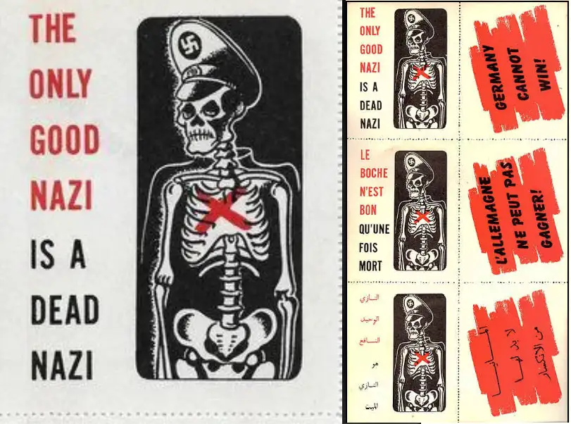 A black-and-white image shows a skeleton wearing a Nazi officer's cap with a swastika. A large red 'X' is drawn over the…