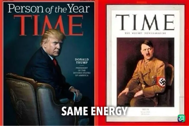 The image displays two TIME magazine covers side by side. The left cover shows Donald Trump as 'Person of the Year' with the…