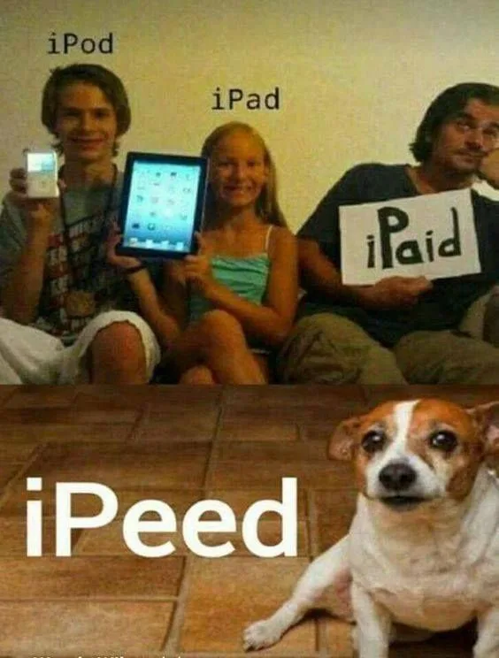 Three people sit on a couch, each labeled with an Apple product: 'iPod', 'iPad', and 'iPaid' (held on a sign). Below them, a…