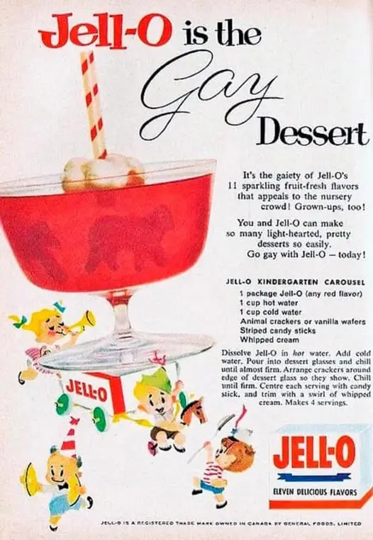 A vintage 1950s Jell-O advertisement featuring a red Jell-O dessert in a glass bowl with a striped straw, surrounded by…