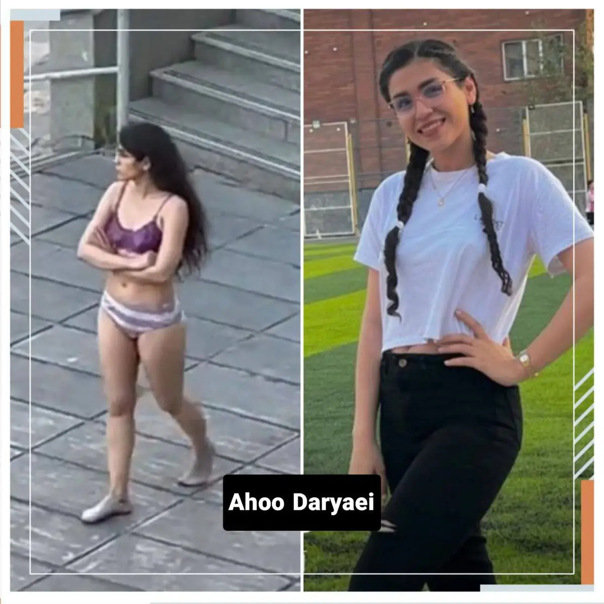 The image is a side-by-side comparison showing a woman in two different appearances. On the left, she is seen in a bikini…