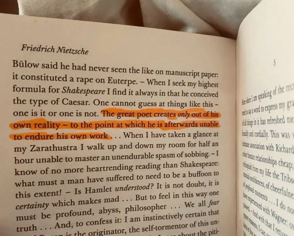 A close-up photo of an open book page showing a quote by Friedrich Nietzsche, with the sentence 'The great poet creates only…