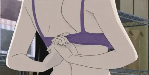 The top row shows an anime character struggling to adjust her purple bra straps, transitioning from pulling them up to them…
