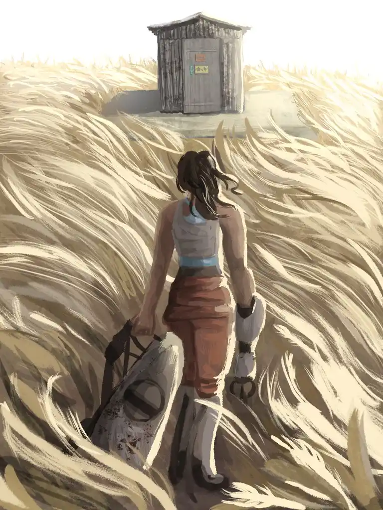 A person walks through a field of tall, swaying grass toward a distant wooden outhouse, carrying a large, dirty bag and…