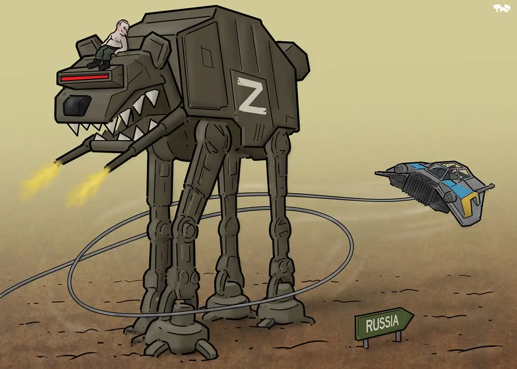 A cartoonish, four-legged mechanical walker with a 'Z' symbol on its side and a man sitting on its head, firing cannons…