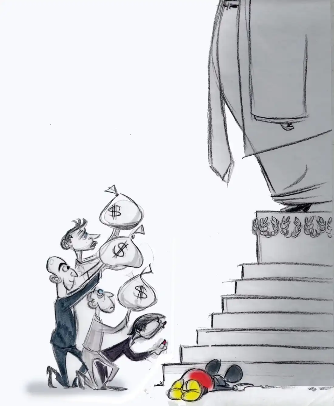 A black-and-white cartoon shows four men kneeling and carrying large sacks marked with dollar signs up a set of stairs…