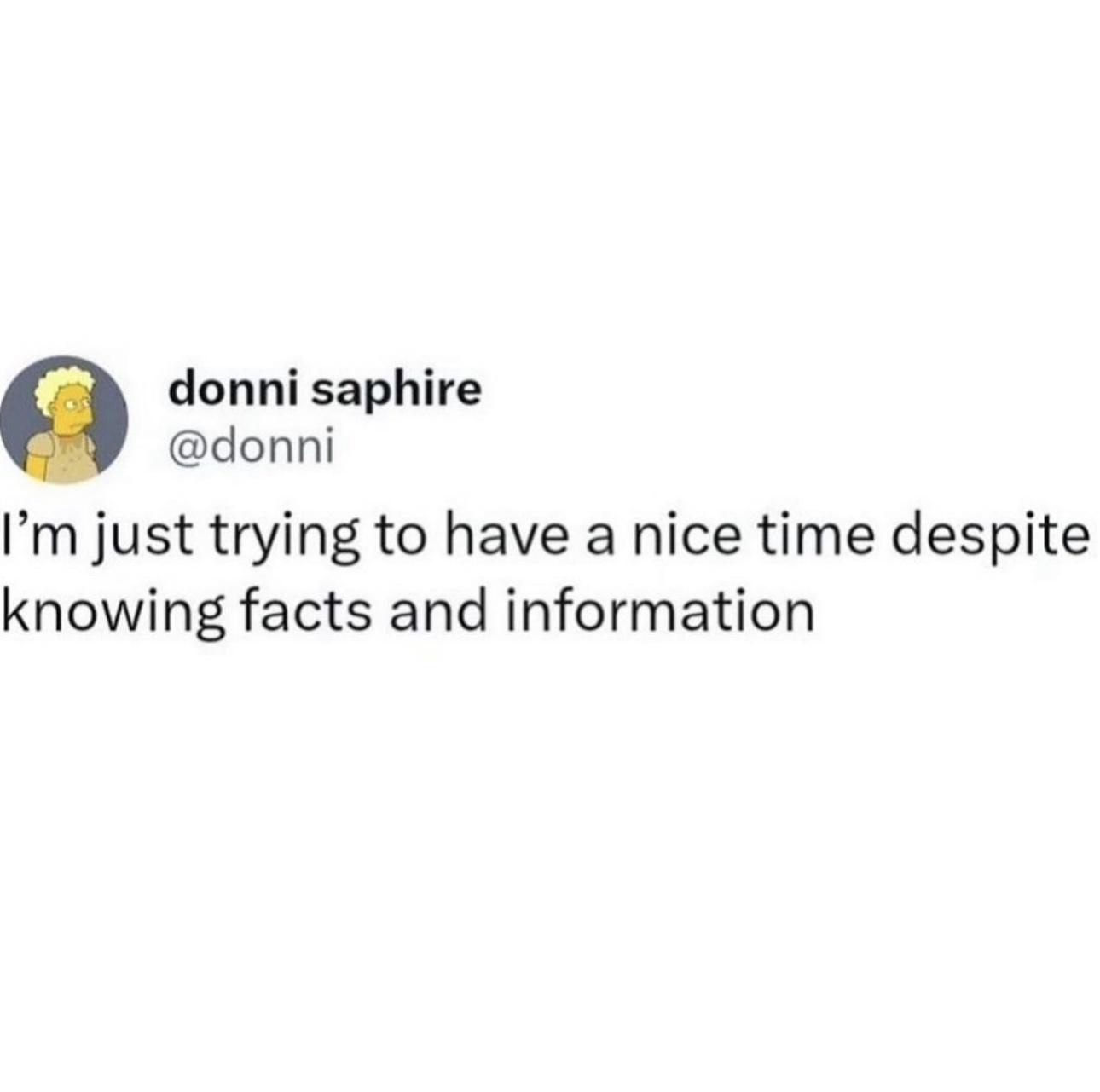 A screenshot of a tweet by user donni saphire (@donni) featuring a cartoon avatar of a character with spiky blonde hair and…