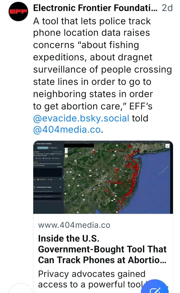 A screenshot of a social media post from the Electronic Frontier Foundation showing a map with red lines tracing routes…