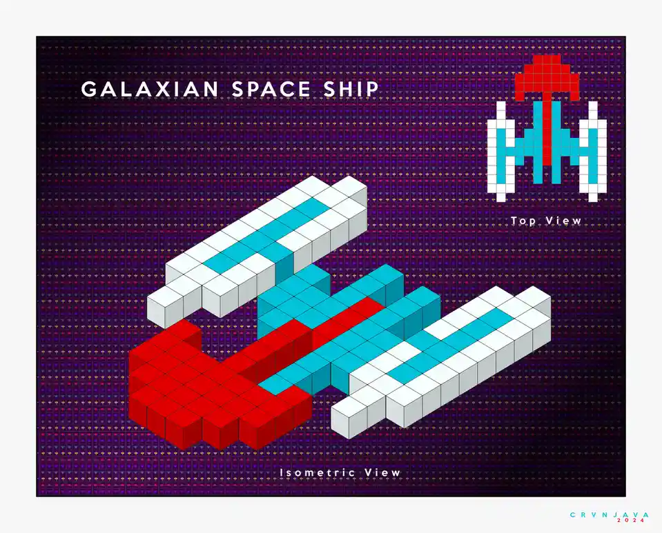 A pixel art diagram titled 'GALAXIAN SPACE SHIP' shows a 3D isometric view of a spaceship made of red, cyan, and white…