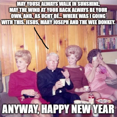 Four people sit on a couch in a vintage living room, with a priest in the center holding a cup. The text overlays a New…