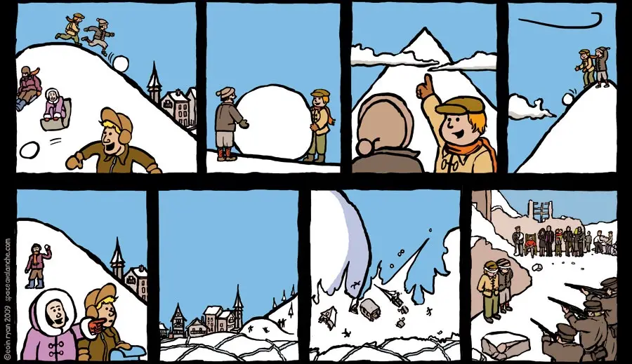 A six-panel comic strip by Scott Adams shows two boys playing a snowball fight. The first boy rolls a giant snowball down a…