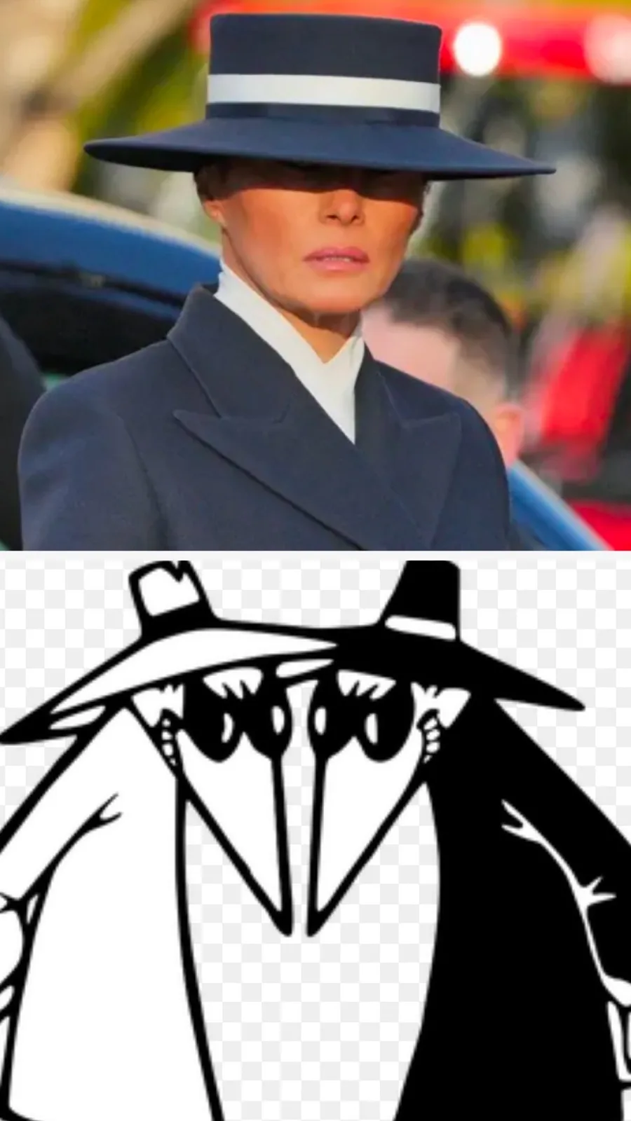 The image is split into two panels: the top shows a woman in a dark blue suit and matching wide-brimmed hat with a white…