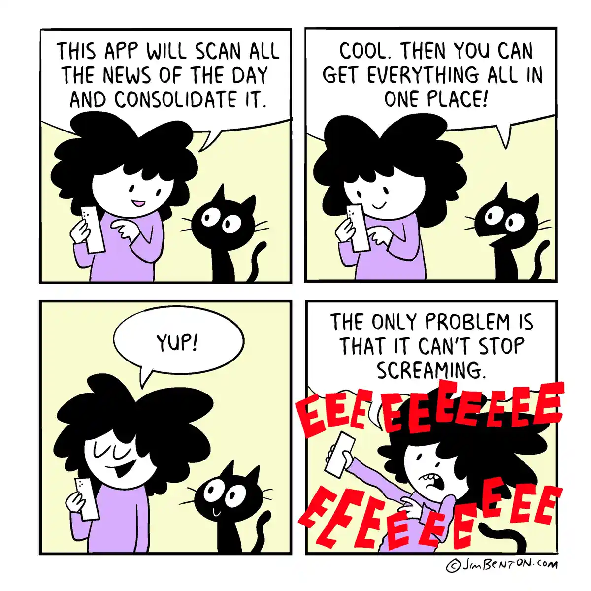 A four-panel comic strip shows a woman enthusiastically explaining to her black cat how a news app consolidates all daily…