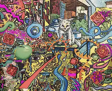 A psychedelic, colorful, and chaotic illustration featuring a white cat sitting on a table surrounded by surreal elements…