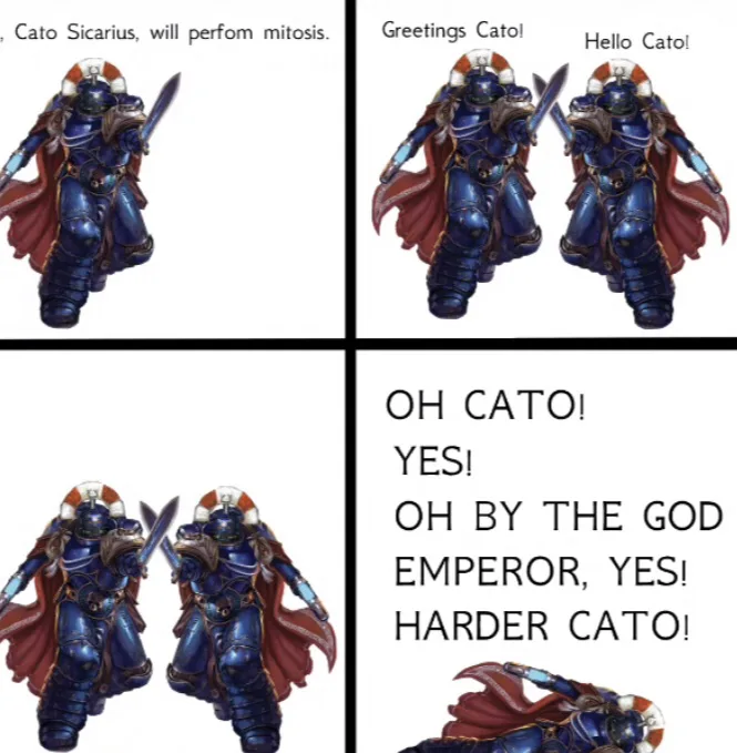 A four-panel comic strip featuring a Space Marine character named Cato Sicarius. The first panel shows him alone with text…