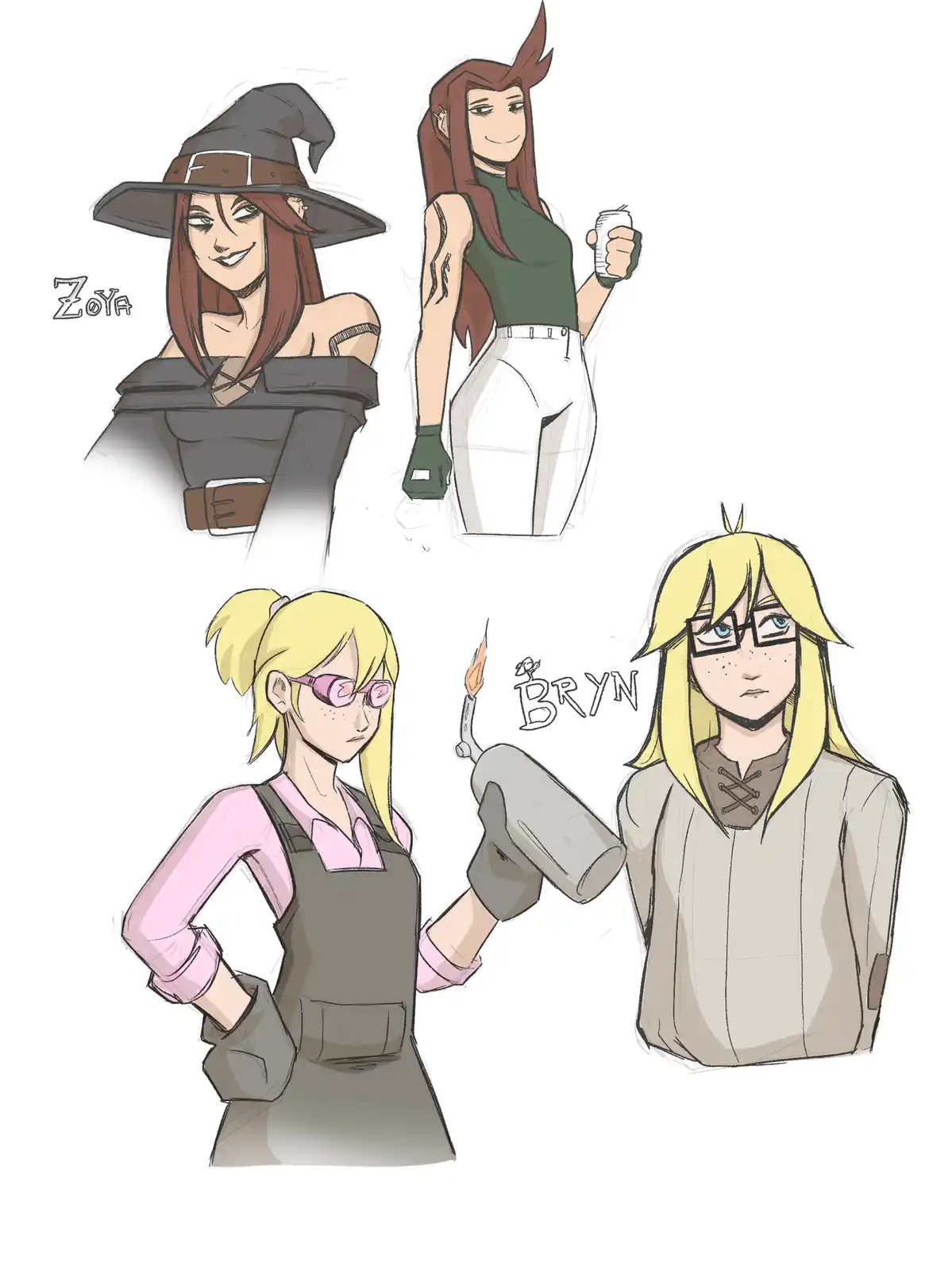 Four anime-style character sketches are arranged in a grid. Top left is Zoya, a woman with brown hair wearing a witch's hat…