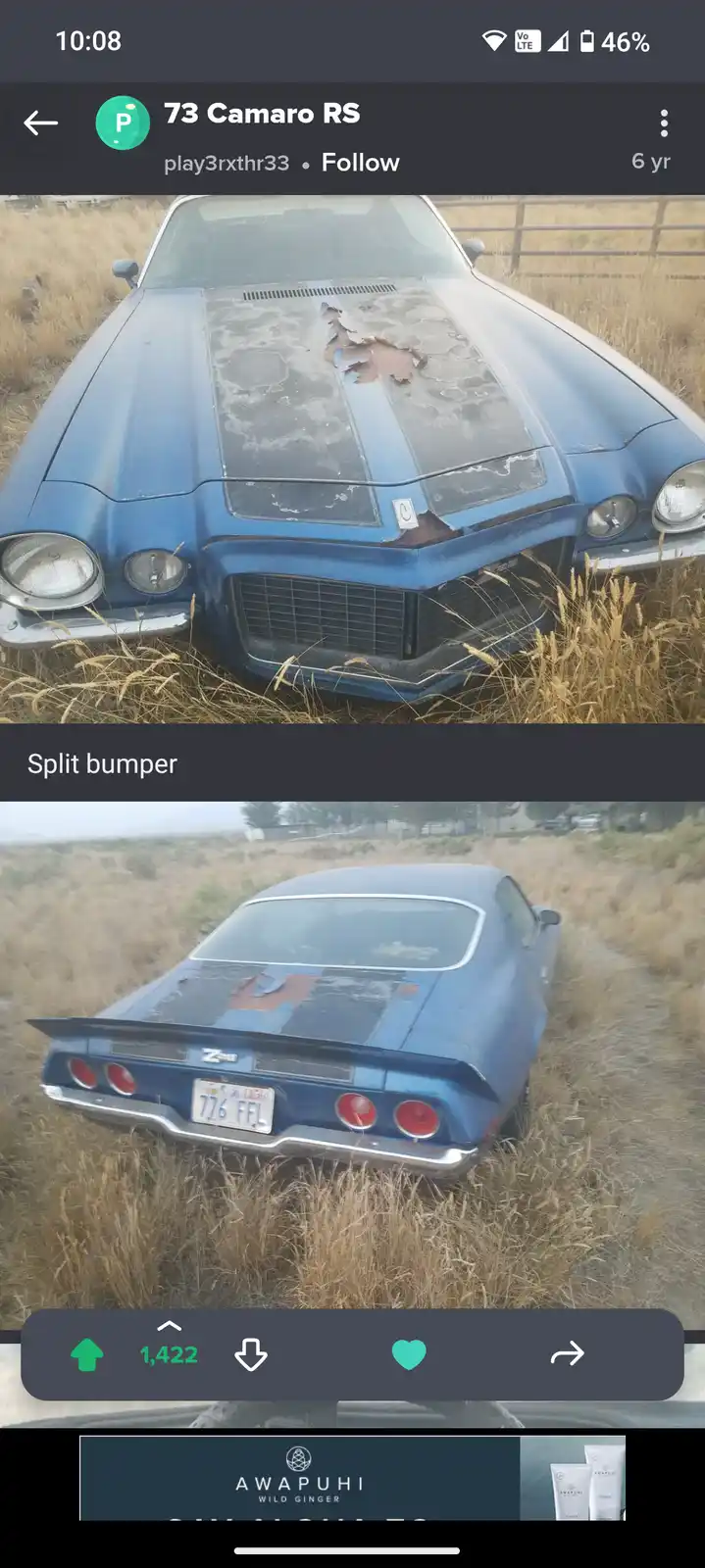 Two photos show a rusty, abandoned blue 1973 Chevrolet Camaro RS in overgrown grass. The top image shows the front with a…