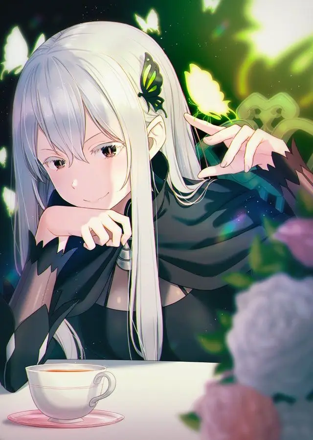 An anime girl with long silver hair and a green butterfly clip leans over a table with a white teacup and saucer. She smiles…