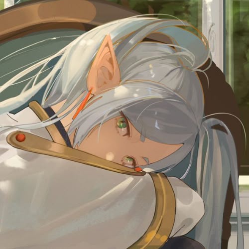 An anime-style character with silver hair and pointed ears is resting their head on their arms, eyes half-open with visible…