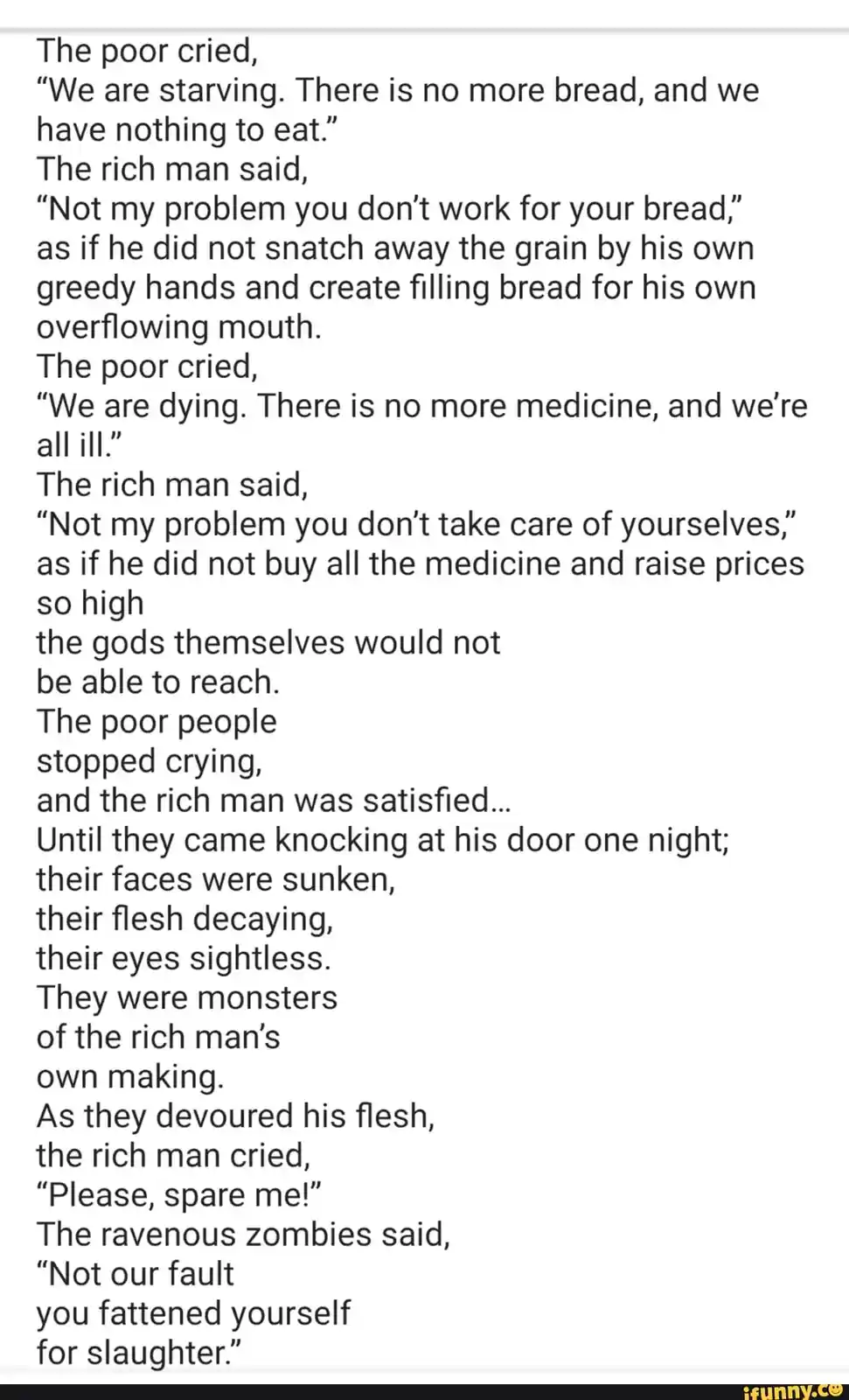 A white background with black text presents a short story about a rich man who ignores the suffering of the poor, leading to…