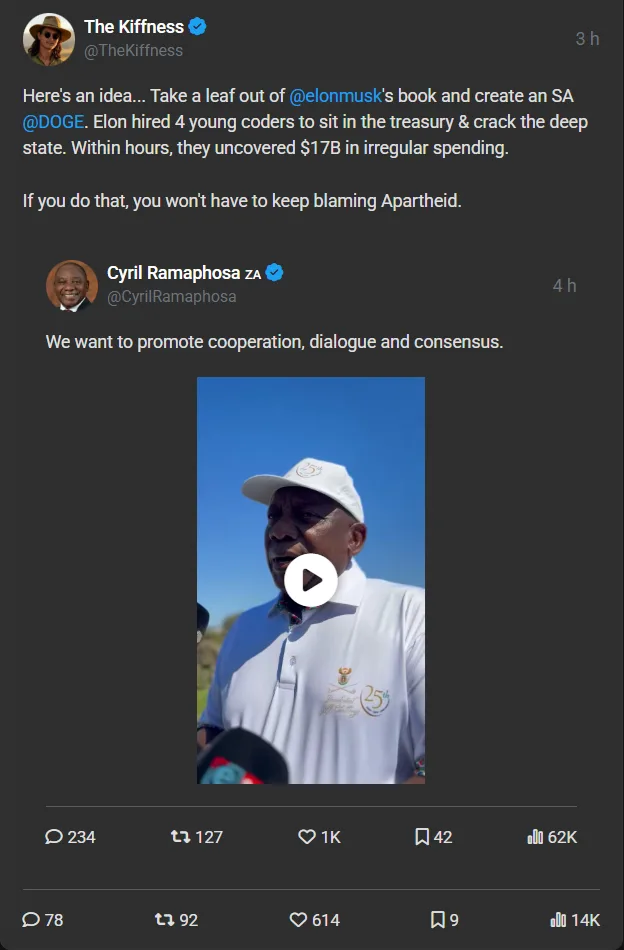 A screenshot of a Twitter thread shows a user named 'The Kiffness' suggesting South Africa adopt Elon Musk's approach to…