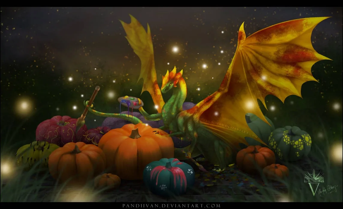 A green dragon with large yellow-orange wings sits among various pumpkins under a starry night sky, holding a paintbrush and…