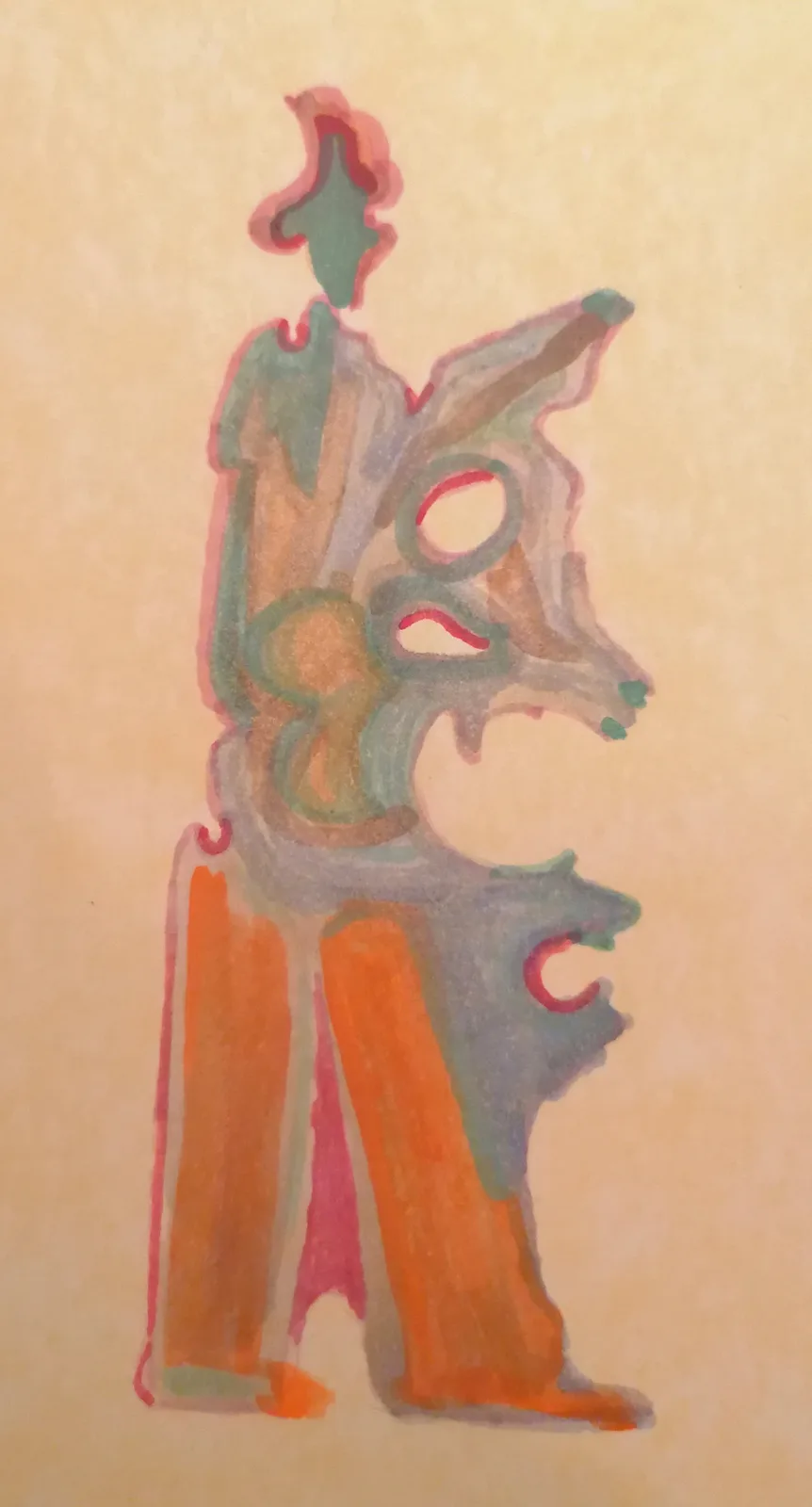 A hand-drawn, abstract figure resembling a stylized, possibly ancient or mythological being, rendered in watercolor with…