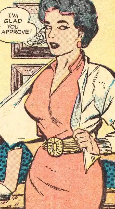 A vintage comic book illustration of a woman with dark curly hair and bold makeup, wearing a pink dress and white jacket…