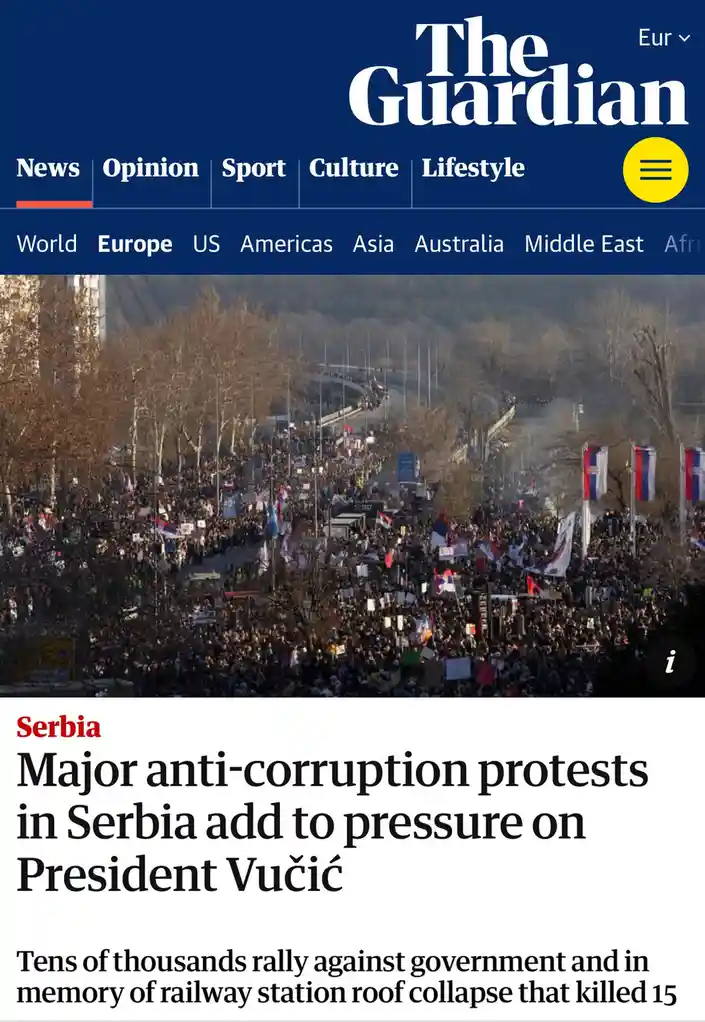 The image shows a screenshot of The Guardian's news website featuring a headline about major anti-corruption protests in…